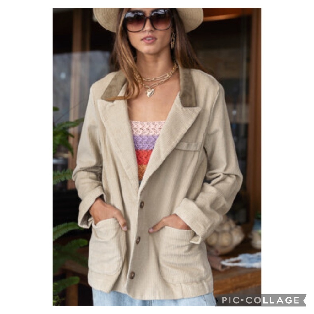 POL Clothing Mocha Beige Corduroy Blazer with Contrasting Brown Collar Size M - Picture 5 of 15